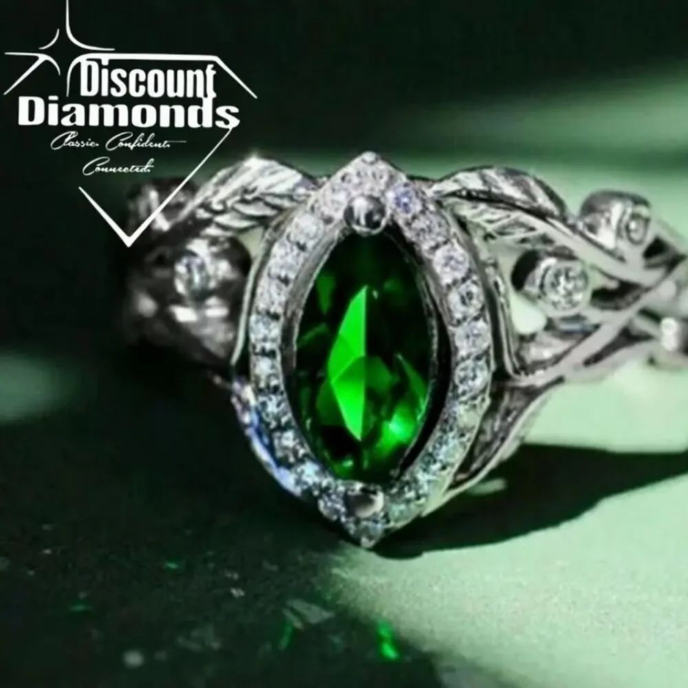 Oval Cut Emerald & White Baguette Diamond Cocktail Ring on 925 Silver